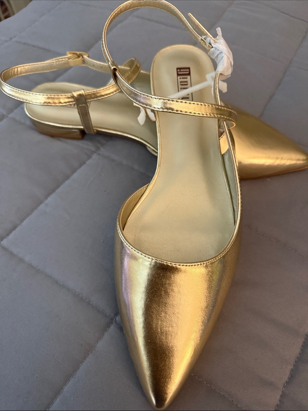 Gold Pointed Toe Ankle Strap Flats - Unbranded